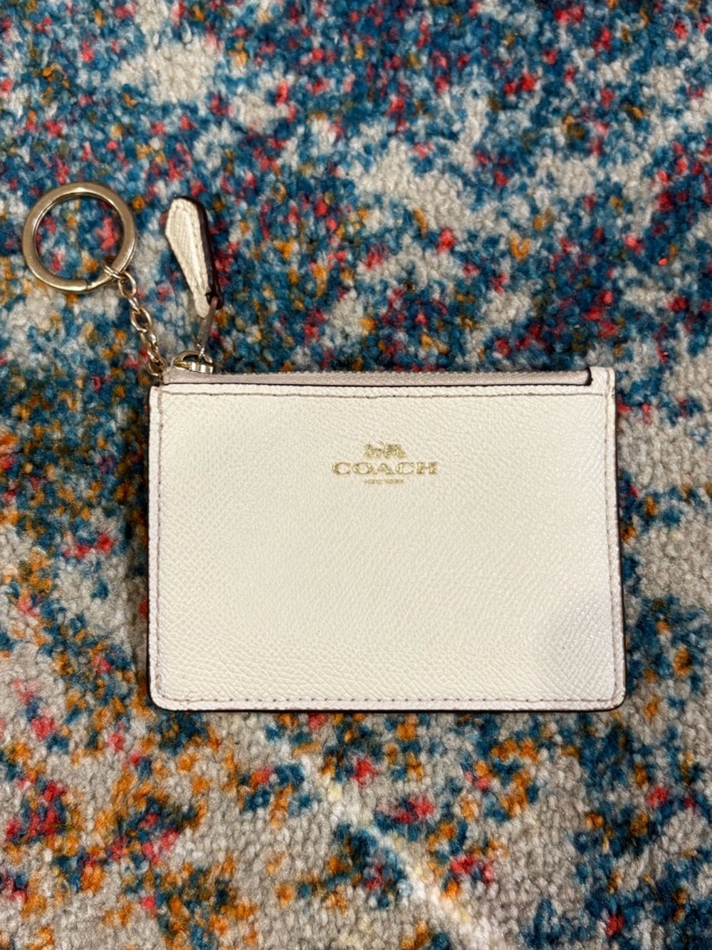 Coach White Leather Mini Zip ID Card Case with Gold Accents